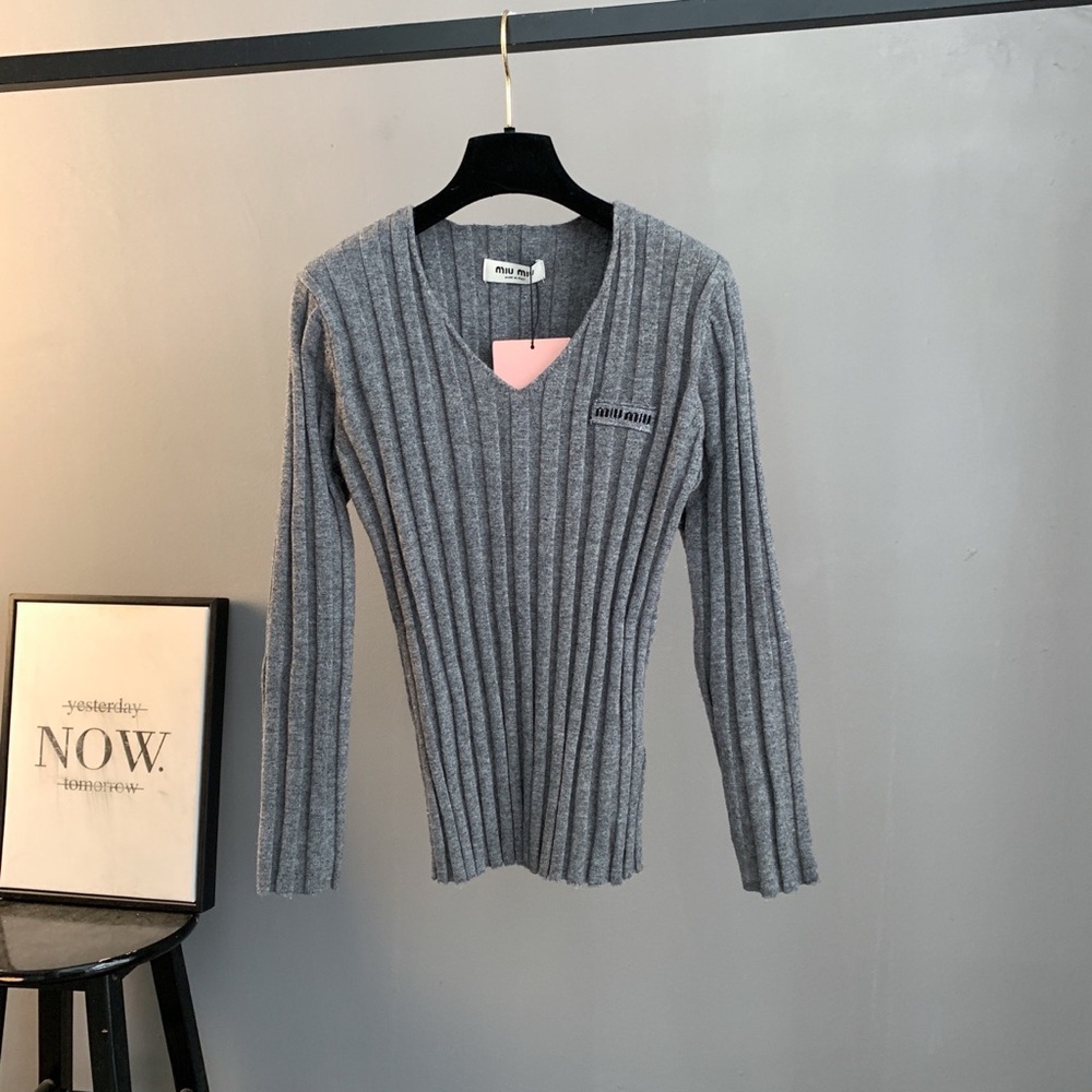 Miu Miu Slim Ribbed V-Neck Sweater in Gray